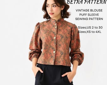 Vintage Puff Sleeve Blouse Sewing Pattern – Mandarin Collar (PDF)