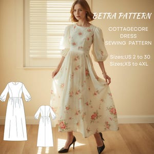 Patrón de vestido cottagecore, vestido de primavera, vestido largo hasta la rodilla, vestido de hada, vestido de niña de las flores, vestido floral, tallas A0, A4-US, tallas 2-30, XS-4XL