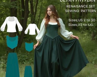 Renaissance Dress Set Sewing Pattern: Blouse, Skirt & Corset - XS-4XL (PDF Download)