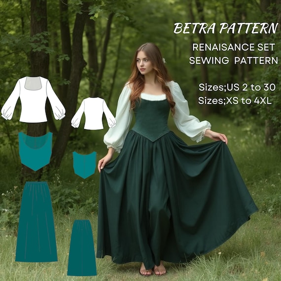 Renaissance Dress Set Sewing Pattern: Blouse, Skirt & Corset - XS-4XL (PDF Download)