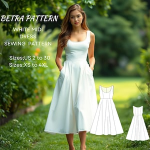 Patrón de costura para vestido midi blanco, vestido elegante, patrón de costura para vestido con bolsillos, vestido de novia, vestido cottagecore, tallas A0, A4 (carta estadounidense), tallas 2 a 30, tallas XS a 4XL.