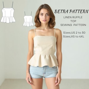 Padrão de costura para blusa de linho com babados, blusa de verão, padrão de blusa sem mangas, top curto de alça fina, camiseta básica, tamanho XS-4XL, tamanho A4-EUA, A0