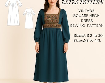 Vintage Square Neck Dress Sewing Pattern – Puff Sleeve– PDF A0/A4 US 2-30