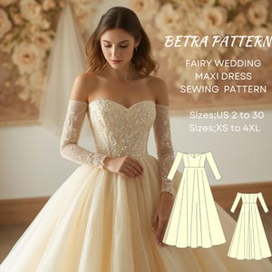 Patrón de costura para vestido largo de boda de hadas, vestido de novia, vestido de princesa, vestido de fiesta, vestido de tul, vestido largo con hombros descubiertos, tamaño A0, tamaño A4-carta de EE. UU., 2-30, XS-4XL