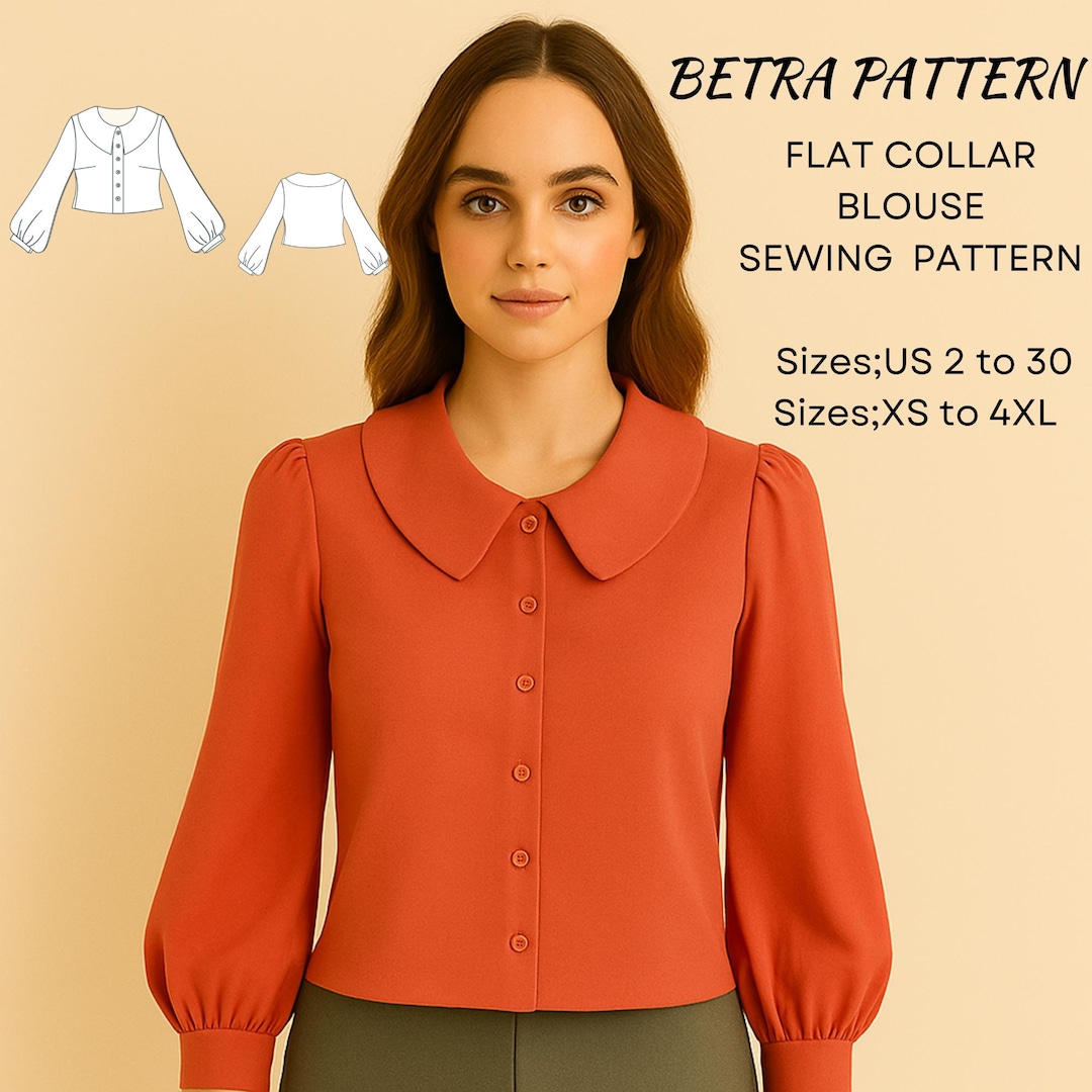 Flat Collar Shirt Sewing Pattern – Puff Sleeve Buttondown Blouse – PDF ...
