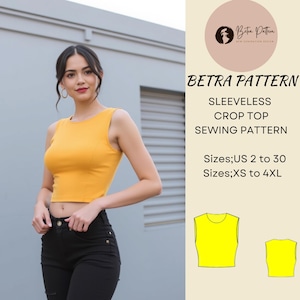 Patrón de costura de top corto simple, camiseta sin mangas para mujer, top corto de verano, top corto sin mangas, camiseta básica, top fácil, tallas de EE. UU. 2 a 30, XS a 4XL, tamaño A4 a tamaño carta de EE. UU., A0