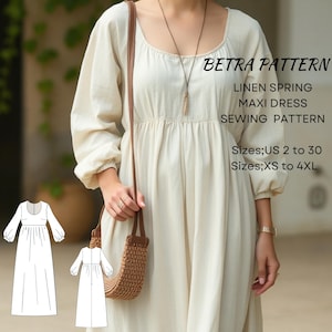 Patrón de costura de vestido largo de lino para primavera, vestido fruncido con mangas abullonadas, vestido cottagecore, vestido de otoño, vestido largo, tallas EE. UU. 2 a 30, XS-4XL, tamaño A4-carta EE. UU., A0