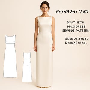 サテンマキシドレスの縫製パターン：ボートネックAラインガウン（PDFパターン）