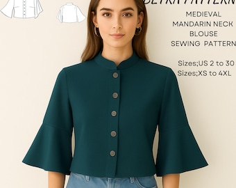 Middeleeuwse blouse met mandarijnhals naaipatroon, shirt met klokmouwen 2-30, XS-4XL, A4-US Letter, A0