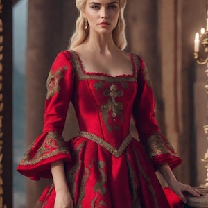 May include: A woman with long blonde hair wears a red gown with gold embroidery. The gown has a fitted bodice and a full skirt. The woman is standing in a room with a chandelier in the background.