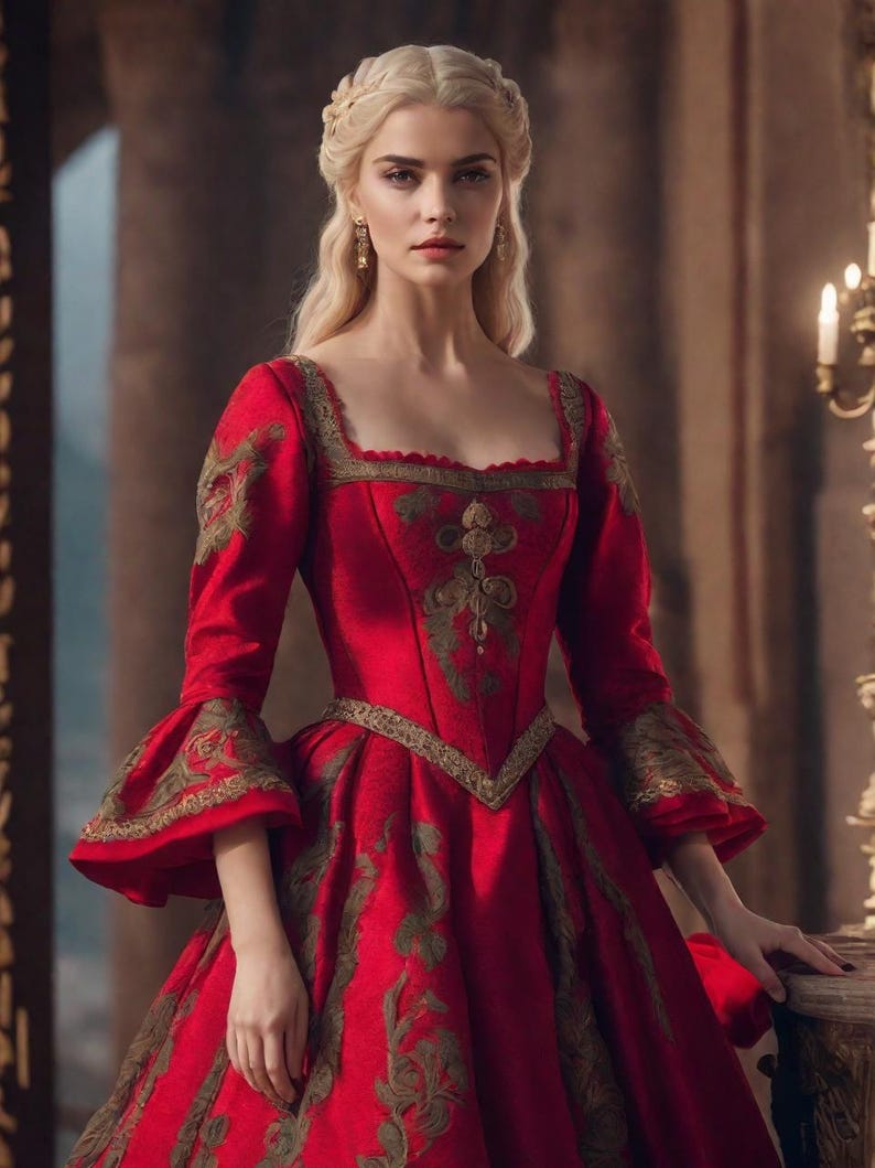 May include: A woman with long blonde hair wears a red gown with gold embroidery. The gown has a fitted bodice and a full skirt. The woman is standing in a room with a chandelier in the background.