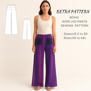Peut inclure: Une femme porte un pantalon large à rayures violettes et rouges avec des poches bleu foncé. Le pantalon fait partie d'un patron de couture intitulé "BETRA PATTERN BOHO WIDE LEG PANTS SEWING PATTERN". Le patron comprend les tailles US 2 à 30 et XS à 4XL.