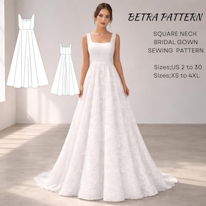 Puede incluir: Un vestido de novia blanco con cuello cuadrado y falda fluida, modelado por una persona. La imagen incluye un dibujo lineal del vestido y el texto "BETRA PATTERN, SQUARE NECK BRIDAL GOWN SEWING PATTERN, Sizes; US 2 to 30, Sizes; XS to 4XL."