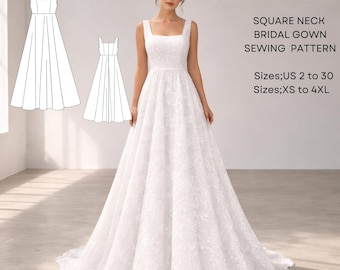 Square Neck Bridal Gown Sewing Pattern: Wedding Dress (A4/A0/US Letter) (PDF Download)