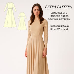 May include: A long-sleeved, modest dress in a light tan color is shown. The dress has a fitted bodice and a flowing skirt. The image also includes a sewing pattern illustration of the dress and text that reads "BETRA PATTERN" and "LONG SLEEVE MODEST DRESS SEWING PATTERN".