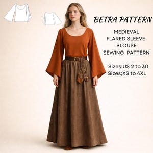 Puede incluir: Una mujer viste una blusa color óxido con mangas acampanadas y una falda larga marrón. La imagen incluye un patrón de costura para una blusa medieval de manga acampanada. El texto en la imagen dice "BETRA PATTERN" y "Tallas; US 2 a 30 Tallas; XS a 4XL."
