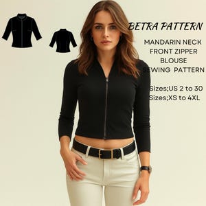 Mandarin Neck Blouse Sewing Pattern: Front Zipper Shirt (XS-4XL) (A4-US Letter) (PDF Pattern)