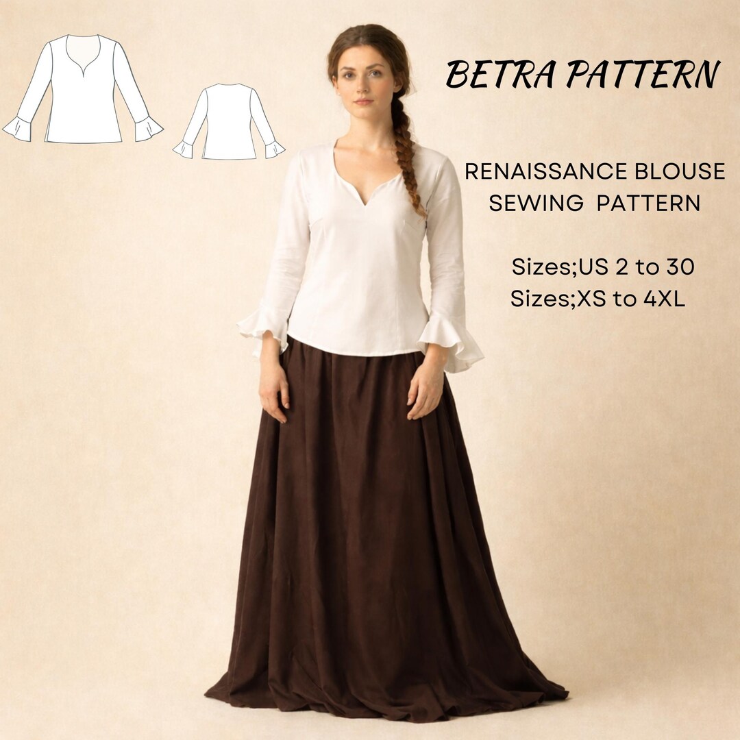 Renaissance Blouse Sewing Pattern – Ruffle Sleeve – PDF A0/A4 US 2-30 ...