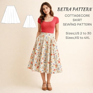 Cottagecore Skirt Sewing Pattern: Below Knee Lenght XS-4XL (PDF Pattern)