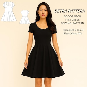 May include: A black scoop neck mini dress with short sleeves. The dress has a fitted bodice and a flared skirt. The image also includes a sewing pattern diagram and text that reads "BETRA PATTERN SCOOP NECK MINI DRESS SEWING PATTERN Sizes; US 2 to 30 Sizes; XS to 4XL."