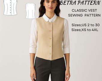 Classic Vest Sewing Pattern – Women’s Buttondown Waistcoat Jacket – PDF A0/A4 US 2-30