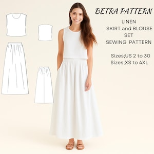 Puede incluir: Una mujer con un conjunto de falda y blusa de lino blanco. La imagen incluye un diagrama de patrón de costura de la falda y la blusa. El texto de la imagen dice "BETRA PATTERN LINEN SKIRT and BLOUSE SET SEWING PATTERN" e información sobre tallas.