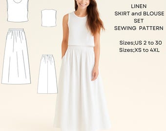 May include: A woman wearing a white linen skirt and blouse set. The image includes a sewing pattern diagram of the skirt and blouse. Text on the image reads "BETRA PATTERN LINEN SKIRT and BLOUSE SET SEWING PATTERN" and size information.