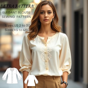 Patrón de costura de blusa elegante, patrón de camisa abotonada, camisa de moda, blusa retro, blusa de lino, camisa de manga abullonada, XS-4XL, tamaño A4-US, A0