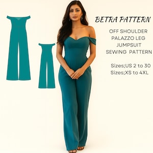 Puede incluir: Un mono palazzo con hombros descubiertos de color verde azulado. La imagen incluye a una mujer que lleva el mono y un diagrama del patrón. El texto en la imagen dice: "BETRA PATTERN, OFF SHOULDER PALAZZO LEG JUMPSUIT SEWING PATTERN, Tallas: US 2 a 30, Tallas: XS a 4XL."