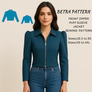 Puff Sleeve Cuttle Collar Jacket Sewing Pattern, XS-4XL (A4-US Letter-A0) (PDF Pattern)