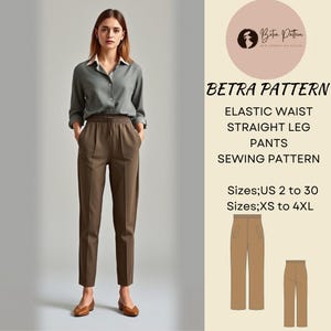 以下が含まれることがあります： ゴムウエストストレートレッグパンツの縫製パターン。パターンには、USサイズ2〜30とXS〜4XLが含まれています。パターンは、茶色のパンツで説明されています。