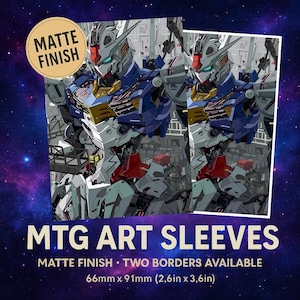 May include: MTG art sleeves featuring a detailed illustration of a robot in shades of blue, white, red, and gold. The sleeves have a matte finish and are 2.6 inches by 3.6 inches. The text "MTG ART SLEEVES" is displayed at the bottom.