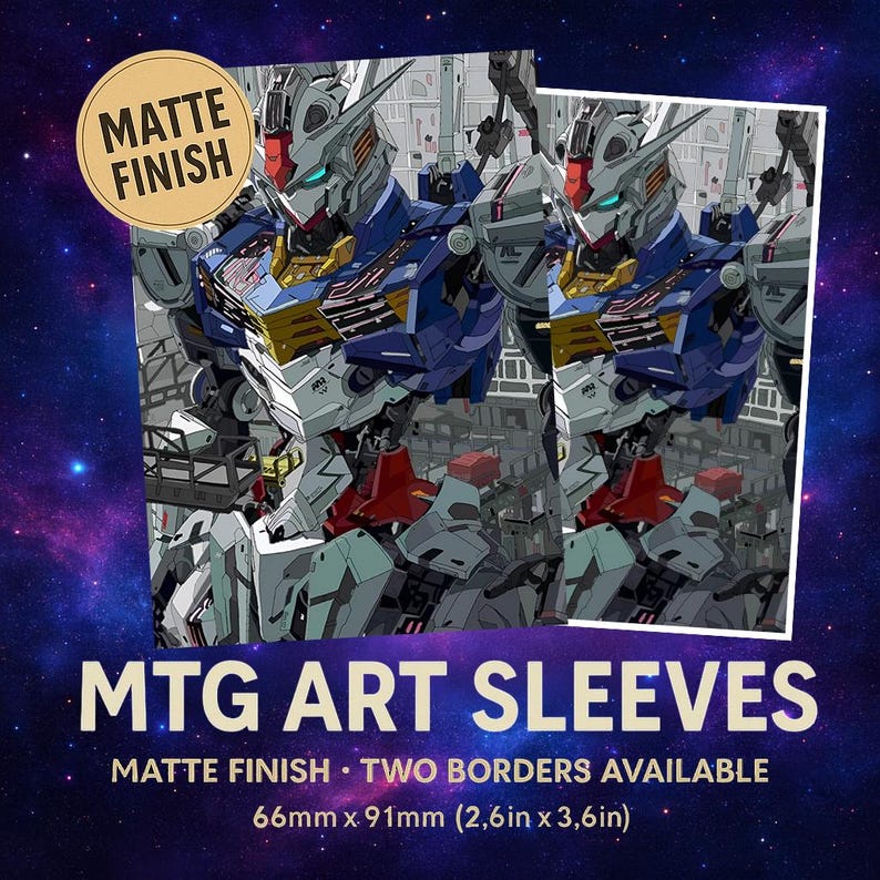 May include: MTG art sleeves featuring a detailed illustration of a robot in shades of blue, white, red, and gold. The sleeves have a matte finish and are 2.6 inches by 3.6 inches. The text "MTG ART SLEEVES" is displayed at the bottom.