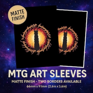 May include: Black MTG art sleeves with a matte finish. The design features a fiery eye with a tower silhouette, surrounded by an orange and red ring. The sleeves measure 2.6 inches by 3.6 inches.