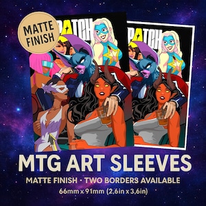 Könnte beinhalten: MTG-Art-Hüllen mit mattem Finish. Das Design zeigt eine Gruppe von Cartoon-Charakteren im Comic-Stil. Die Hüllen messen 66 mm x 91 mm.
