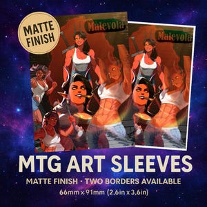 Könnte beinhalten: MTG-Art-Sleeves mit mattem Finish, mit einer Fantasy-Illustration einer Frau mit einem Schwert. Die Sleeves sind 6,6 cm x 9,1 cm groß. Der Text "Malevola" ist auf den Sleeves zu sehen.