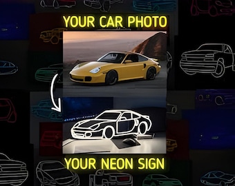 May include: A yellow sports car is featured in a photo, with the text "YOUR CAR PHOTO" above it. Below, a neon sign version of the car is shown, with the text "YOUR NEON SIGN". The background is a collage of car outlines.