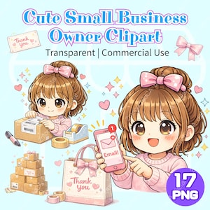 May include: Cute Small Business Owner Clipart graphic with a cartoon character, pink bow, and the text "Thank You". The image includes a shopping bag, a smartphone with an email notification, and stacked boxes.