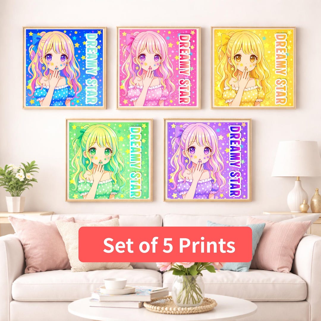 Kawaii Anime Girl Wall Art Set of 5, Pastel Room Decor, Dreamy Star ...