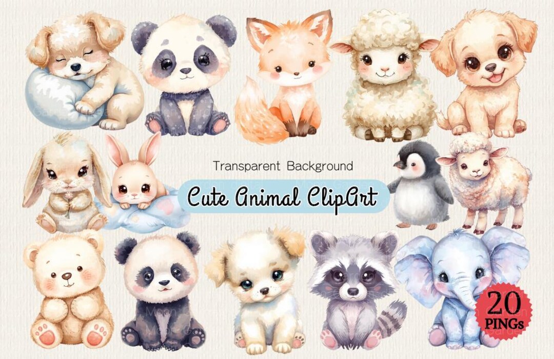 Cute Baby Animal Clipart Set, Kawaii Watercolor Animals PNG, Soft ...