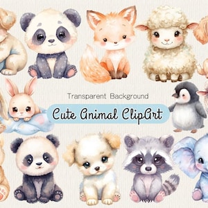 Cute Baby Animal Clipart Set, Kawaii Watercolor Animals PNG, Soft Pastel Digital Clipart for Planners & Canva