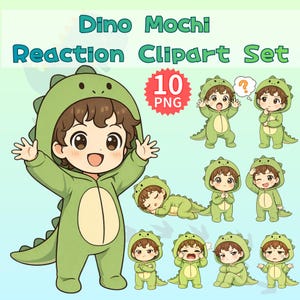以下が含まれることがあります： 「Dino Mochi Reaction Clipart Set」というタイトルのデジタルクリップアートセット。10枚のPNG画像が含まれています。緑色の恐竜のコスチュームを着た漫画のキャラクターが、さまざまなポーズで描かれています。