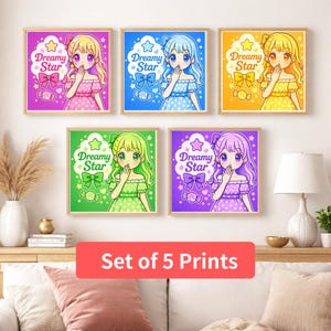 Kawaii Girls Wall Art Set of 5, Pastel Rainbow Chibi Anime Prints, Girls Room Gallery Wall Decor, Colorful Nursery Poster, Digital Download