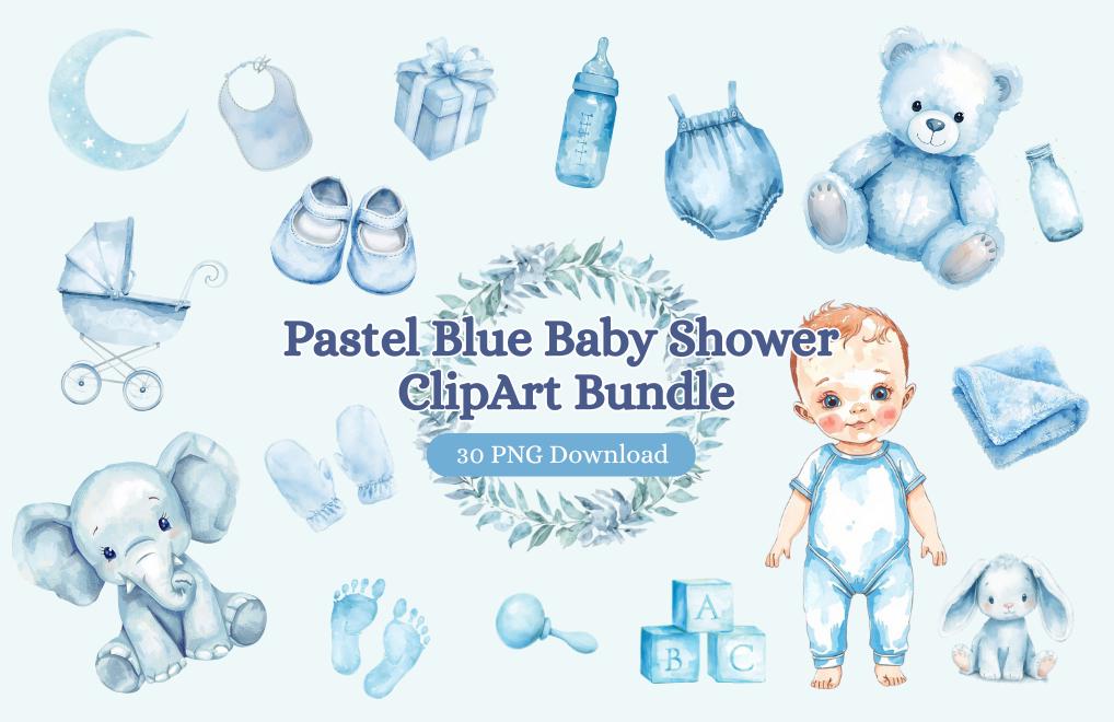 Pastel Blue Baby Shower Clipart Bundle | 30 PNG Watercolor Baby Boy ...