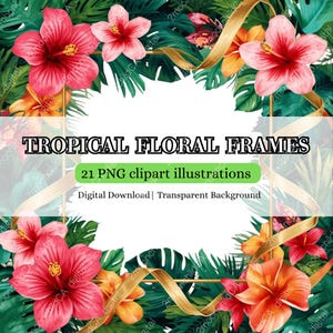 Tropical Floral Frames PNG, Tropical Flower Frame Clipart, Colorful Botanical Digital Frames for Canva & Design
