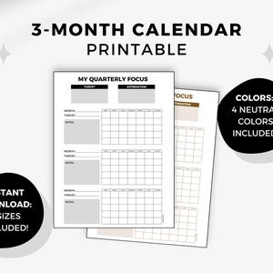Printable, Reusable 3-Month Calendar - 4 Neutral Colors