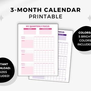 Printable, Reusable 3-Month Calendar - 5 Bright Colors