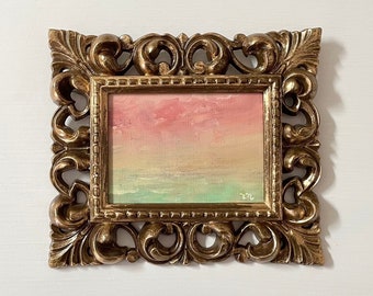 Pink and Green Original Abstract Oil Painting on Canvas, Small Vintage Gold Framed Art