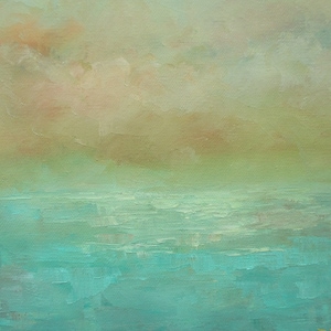 Puede incluir: Pintura abstracta de paisaje con una serena escena marina. La obra presenta un mar turquesa bajo un cielo brumoso con tonos melocot&oacute;n y amarillo. Las pinceladas crean un efecto texturizado, evocando una sensaci&oacute;n de calma y tranquilidad.