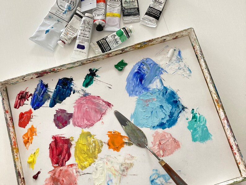 Miniature Gold Framed Round Cloud Oil Painting, Blue Abstract Wall Art